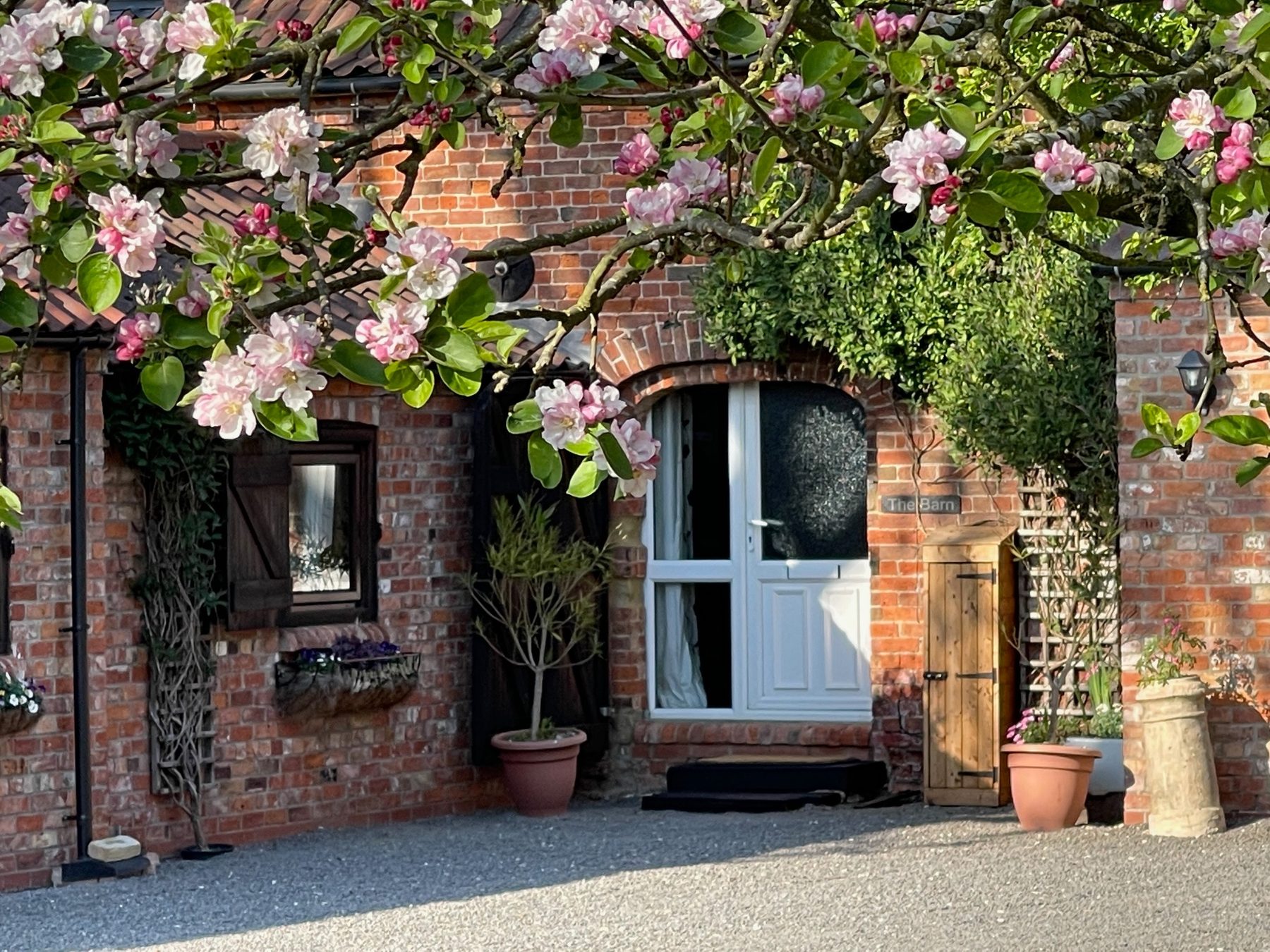 The Barn entrance in spring blossom